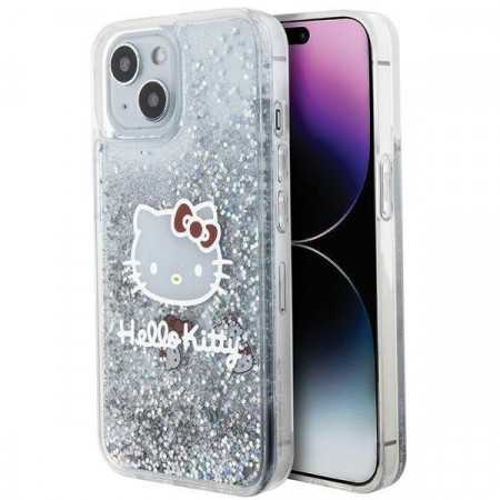 Capa Hello Kitty de Silicone Líquido Glitter Charms Cabeça de Gato para Iphone 15 - Prata