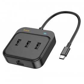 Adaptador Hoco Hub 4 em 1 Tipo C para Usb2.0*3+Rj45 Ethernet 100 Mbps 0,2M Hb35 Preto