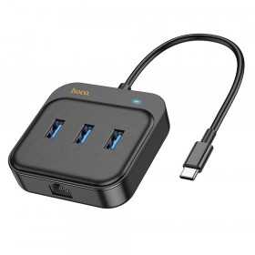 Adaptador Hoco Hub 4 em 1 Tipo C para Usb3.0*3+Rj45 Ethernet Gigabit 0,2M Hb35 Preto