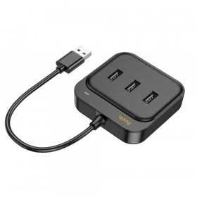 Adaptador Hoco Hub 4 em 1 Usb para Usb2.0*3+Rj45 Ethernet 100 Mbps 0,2M Hb35 Preto